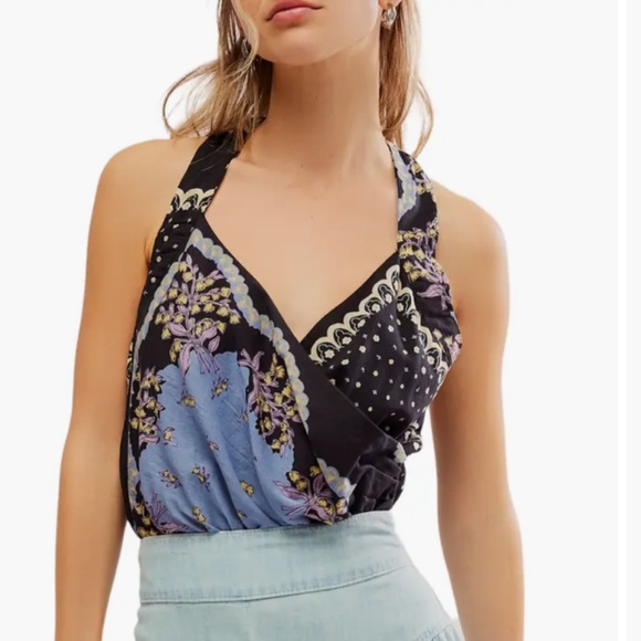 Free People Sweet Thing Mixed Print Cotton Bodysuit in Granite Combo,Size S, New - Picture 1 of 15